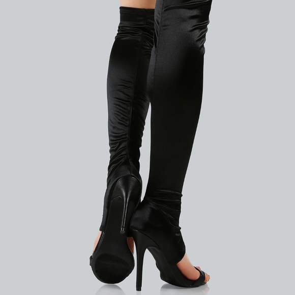 Peep Toe Satin Over the Knee Boots - Picture 2 of 4